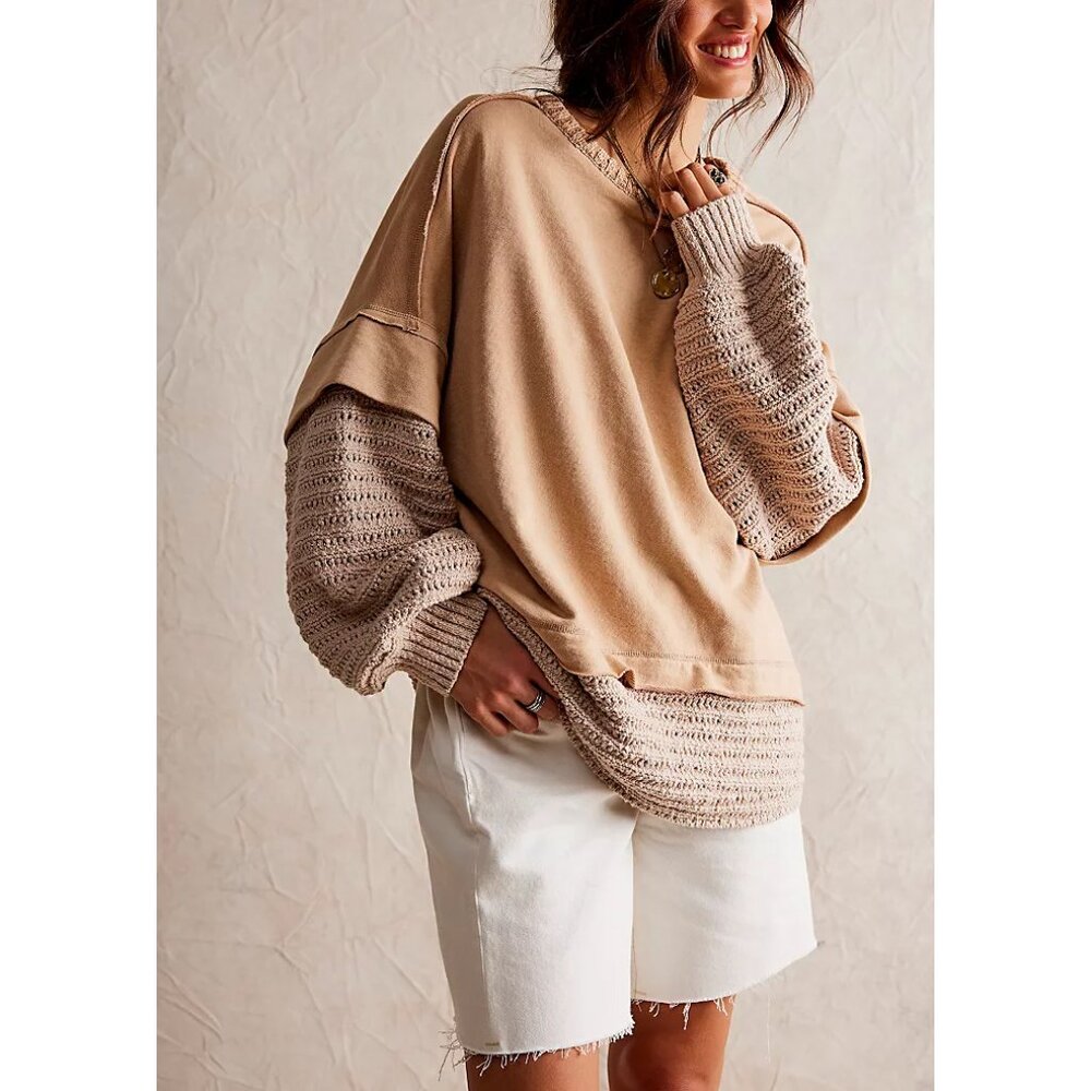 Free People Tan and Cream Knit Twofer Sweatshirt